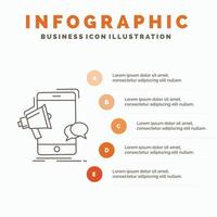 megafone. marketing. Móvel. megafone. modelo de infográficos de promoção para site e apresentação. ícone de linha cinza com ilustração vetorial de estilo infográfico laranja vetor