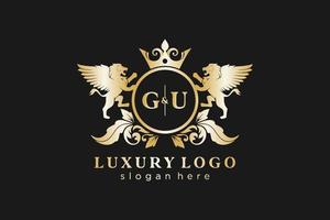 modelo de logotipo de luxo real de leão de letra gu inicial em arte vetorial para restaurante, realeza, boutique, café, hotel, heráldica, joias, moda e outras ilustrações vetoriais. vetor