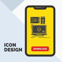 computador. dispositivos. Móvel. responsivo. ícone de glifo de tecnologia no celular para página de download. fundo amarelo vetor