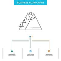 montanhas. natureza. ar livre. Sol. caminhadas design de fluxograma de negócios com 3 etapas. ícone de linha para modelo de plano de fundo de apresentação lugar para texto vetor
