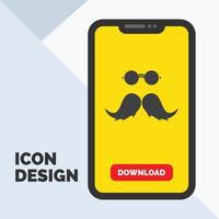 bigode. hipster. moveleiro. macho. ícone de glifo de homens no celular para página de download. fundo amarelo vetor