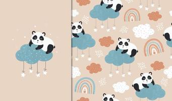 um pôster e um padrão perfeito com um panda fofo em uma nuvem. ilustração infantil para cartazes, têxteis. vetor