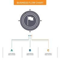 mirar. o negócio. data limite. bandeira. foco no design de fluxograma de negócios com 3 etapas. ícone de glifo para lugar de modelo de plano de fundo de apresentação para texto. vetor