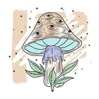 cogumelo mágico com olhos e folhas, desenho de contorno, gráficos vetor