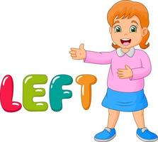 menina dos desenhos animados apontando para a esquerda com a palavra esquerda vetor