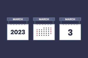 2023 calendário design 3 de março ícone. Calendário de 3 de março, compromisso, conceito de data importante. vetor