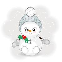 fofo boneco de neve de natal com ilustração vetorial de folha de azevinho vetor
