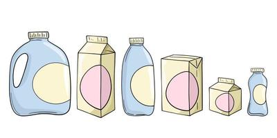 um conjunto de ícones coloridos, vários recipientes de plástico leves com leite e suco, ilustração vetorial em estilo cartoon em um fundo branco vetor