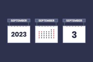 2023 calendário design 3 de setembro ícone. Calendário de 3 de setembro, compromisso, conceito de data importante. vetor
