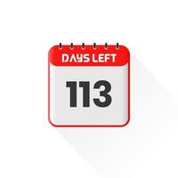 ícone de contagem regressiva 113 dias restantes para promoção de vendas. banner de vendas promocionais faltam 113 dias vetor