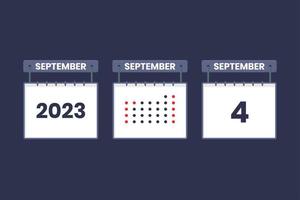 2023 calendário design ícone de 4 de setembro. Agenda de 4 de setembro, compromisso, conceito de data importante. vetor