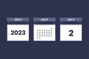 2023 calendário design ícone de 2 de julho. Calendário de 2 de julho, compromisso, conceito de data importante. vetor