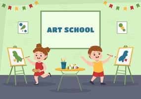 escola de arte de pintura com modelo ao vivo ou objeto usando ferramentas e equipamentos em modelo de ilustração plana de desenho animado desenhado à mão vetor