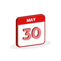 30 de maio ícone 3d do calendário. 3d 30 de maio data do calendário, ilustrador de vetor de ícone de mês