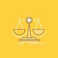 Saldo. decisão. justiça. lei. ícone cheio de linha plana de escala. botão de logotipo bonito sobre fundo amarelo para ui e ux. site ou aplicativo móvel vetor