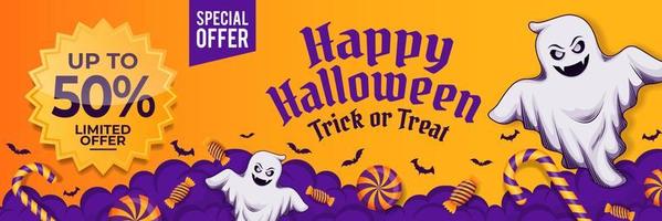 promoção de venda de halloween com vetor de fantasmas e doces, fundo de feliz dia das bruxas para promoção de varejo de negócios, banner, cartaz, mídia social, feed, convite