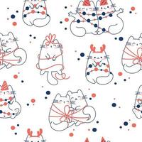 desenhe um padrão perfeito com gatos fofos em fundo branco para o estilo de desenho animado de doodle de natal e inverno e ano novo vetor