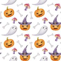 padrão perfeito para festa de halloween. abóbora, chapéu de bruxa e fantasma. padrão infinito de aquarela brilhante com ossos em branco vetor