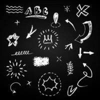 elementos de doodle para design de conceito no set. isolado no fundo preto. elementos infográficos. ênfase, swishes encaracolados, swoops, redemoinho, seta, coração, coroa, estrela. ilustração vetorial. vetor