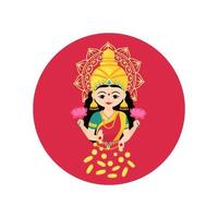 deusa lakshmi sentada no lótus com dinheiro e flores nas mãos. ícones vector a ilustração dos desenhos animados isolado no fundo branco.