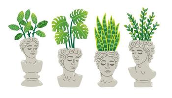 coleção moderna de plantas domésticas em vasos de cabeças de estátuas embalam ícones. conjunto de plantas de casa em ilustrações modernas de vasos. vetor