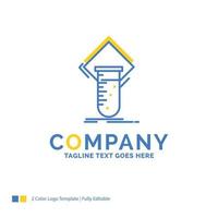 química. laboratório. estudar. teste. testando o modelo de logotipo de negócios amarelo azul. lugar de modelo de design criativo para slogan. vetor
