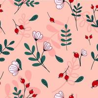 padrão perfeito com flores, frutos, folhas e caules em um fundo rosa vetor