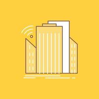 edifícios. cidade. sensor. inteligente. ícone cheio de linha plana urbana. botão de logotipo bonito sobre fundo amarelo para ui e ux. site ou aplicativo móvel vetor