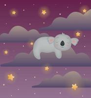 coala fofo dormindo em uma nuvem. céu estrelado da noite. adorável ilustração de urso coala para chá de bebê, berçário, pôster de quarto infantil, arte de parede, cartão, convite. vetor