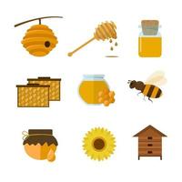 conjunto de abelha, mel, letras e outras ilustrações de apicultura vetor