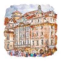 Praça da cidade velha praga esboço em aquarela ilustração desenhada à mão vetor