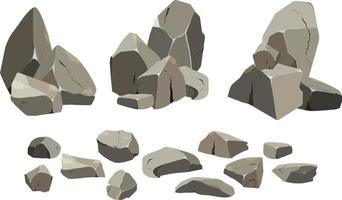 coleção de pedras de várias formas e arbustos.seixos costeiros,pedregulhos,cascalho,minerais e formações geológicas.fragmentos de rocha,pedregulhos e material de construção. vetor