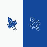 nave espacial. transporte. espaço. foguete. linha de lançamento e botão web glifo em banner vertical de cor azul para ui e ux. site ou aplicativo móvel vetor