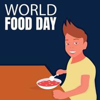 ilustração vetorial gráfico de um menino está comendo mingau na mesa, perfeito para o dia internacional, dia mundial da comida, comemorar, cartão de felicitações, etc. vetor