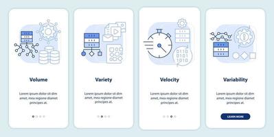 características da tela do aplicativo móvel de integração azul claro de big data. passo a passo 4 passos páginas de instruções gráficas com conceitos lineares. ui, ux, modelo de gui. vetor