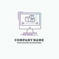 animação. computador. editor. monitor. modelo de logotipo de negócios roxo de software. lugar para slogan vetor