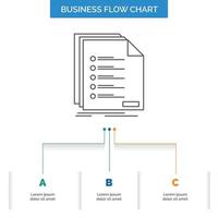 Verifica. arquivamento. Lista. listagem. design de fluxograma de negócios de registro com 3 etapas. ícone de linha para modelo de plano de fundo de apresentação lugar para texto vetor