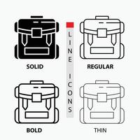 sacola. acampamento. zíper. caminhada. ícone de bagagem em fino. regular. linha em negrito e estilo de glifo. ilustração vetorial vetor