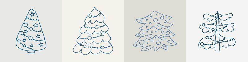 um conjunto de árvores de natal desenhadas à mão. ilustração vetorial em estilo doodle. clima de inverno. olá 2023. feliz natal e feliz ano novo. elementos azuis em um fundo cinza. vetor