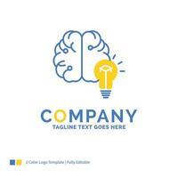 idéia. o negócio. cérebro. mente. modelo de logotipo de negócios amarelo azul bulbo. lugar de modelo de design criativo para slogan. vetor