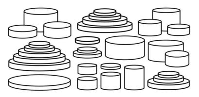 conjunto de linha de exibição de maquete geométrica de pódio. coleção de pedestal de cilindro doodle contorno redondo. Suporte de apresentação de produtos de plataforma 3D. vetor