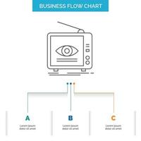 de Anúncios. transmissão. marketing. televisão. design de fluxograma de negócios de tv com 3 etapas. ícone de linha para modelo de plano de fundo de apresentação lugar para texto vetor