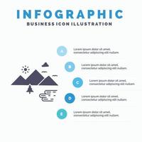 montanhas. natureza. ar livre. nuvens. modelo de infográficos de sol para site e apresentação. ícone de glifo cinza com ilustração em vetor estilo infográfico azul.