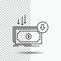 o negócio. custo. cortar. despesa. finança. ícone de linha de dinheiro em fundo transparente. ilustração em vetor ícone preto
