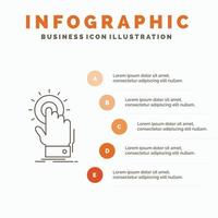 toque. clique. mão. sobre. inicie o modelo de infográficos para site e apresentação. ícone de linha cinza com ilustração vetorial de estilo infográfico laranja vetor