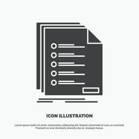 Verifica. arquivamento. Lista. listagem. ícone de registro. símbolo cinza de vetor de glifo para ui e ux. site ou aplicativo móvel