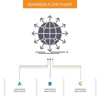 globo. rede. flecha. notícia. design de fluxograma de negócios em todo o mundo com 3 etapas. ícone de glifo para lugar de modelo de plano de fundo de apresentação para texto. vetor