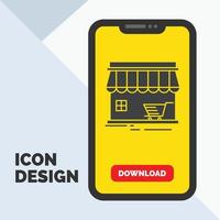 fazer compras. armazenar. mercado. prédio. ícone de glifo de compras no celular para página de download. fundo amarelo vetor