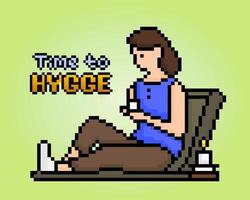 pixels de 8 bits o hygge do tema. o desenho de mulheres sentadas relaxando e tomando café em ilustrações vetoriais. vetor