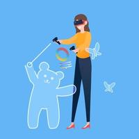 mulher usando fone de ouvido de realidade virtual com controlador para desenhar personagens de animais vetor